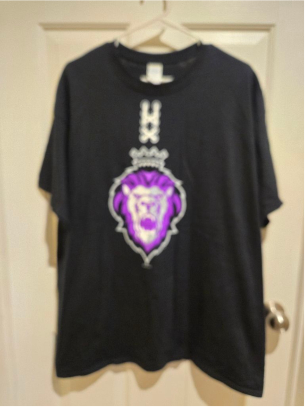 Men's Gildan Black Short Sleeve Tee with Purple Lion Graphic XL